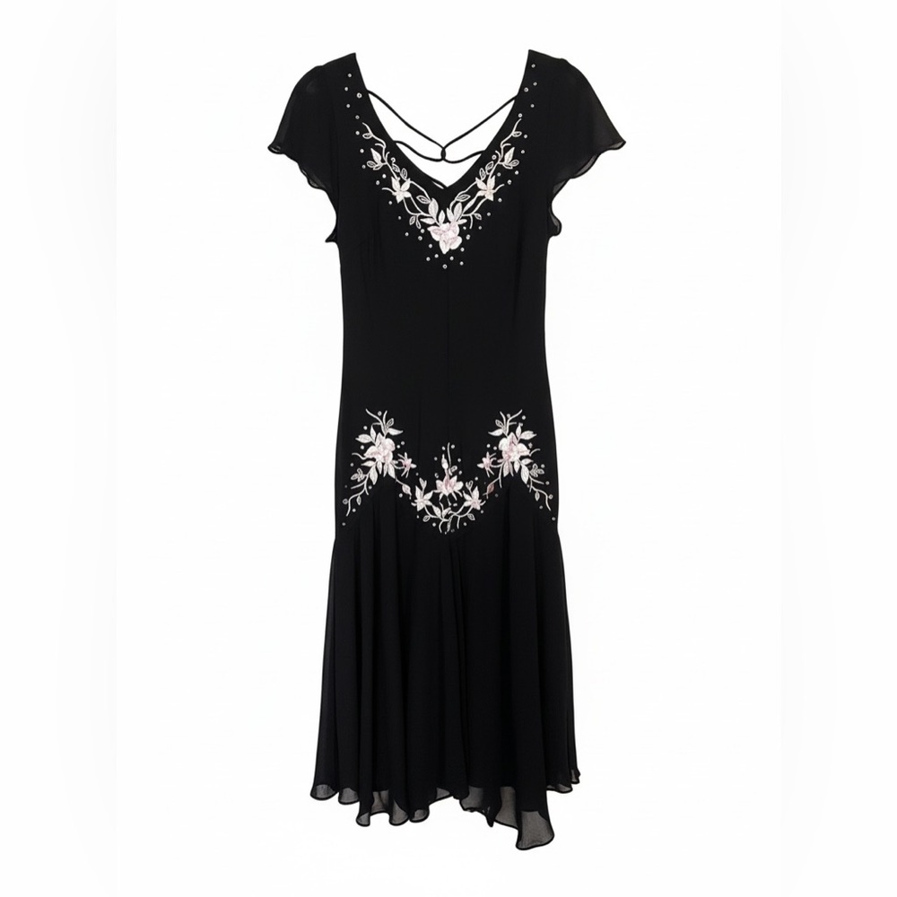 Vintage 90’s S.L. Fashions Black midi Dress embroidered White Floral woman 8